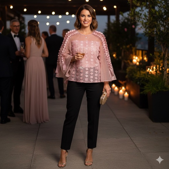 Love The Queen Tops - LOVE THE QUEEN Pink Organza Ruffle Blouse 3D Texture Bell Sleeve Small NWOT